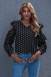 Camiseta de manga larga con volantes y cuello en V ondulado